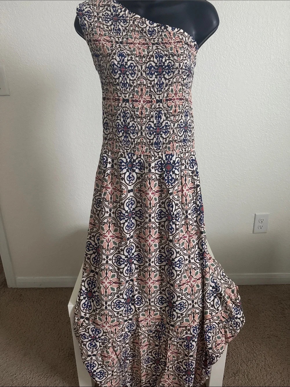 Strapless Printed Maxi Dress in Navy and Blush
